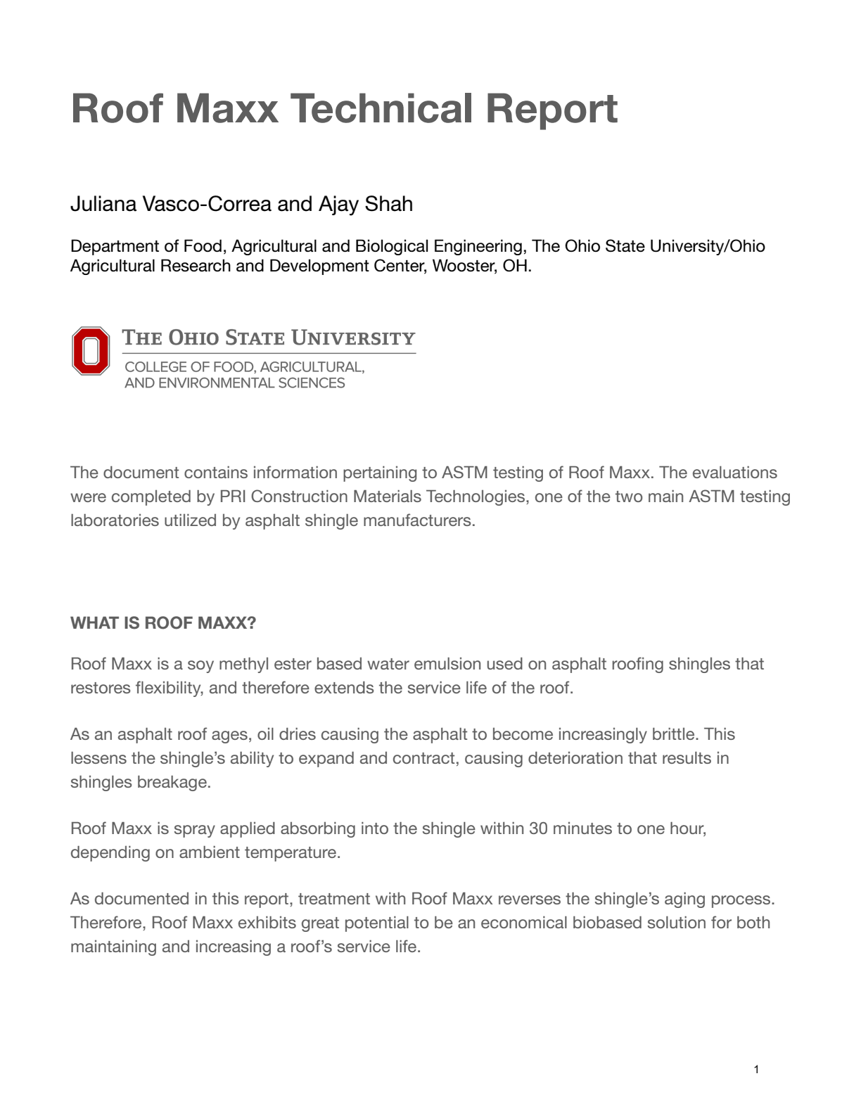 Cover of the 2018 Ohio State Roof Maxx technical report
