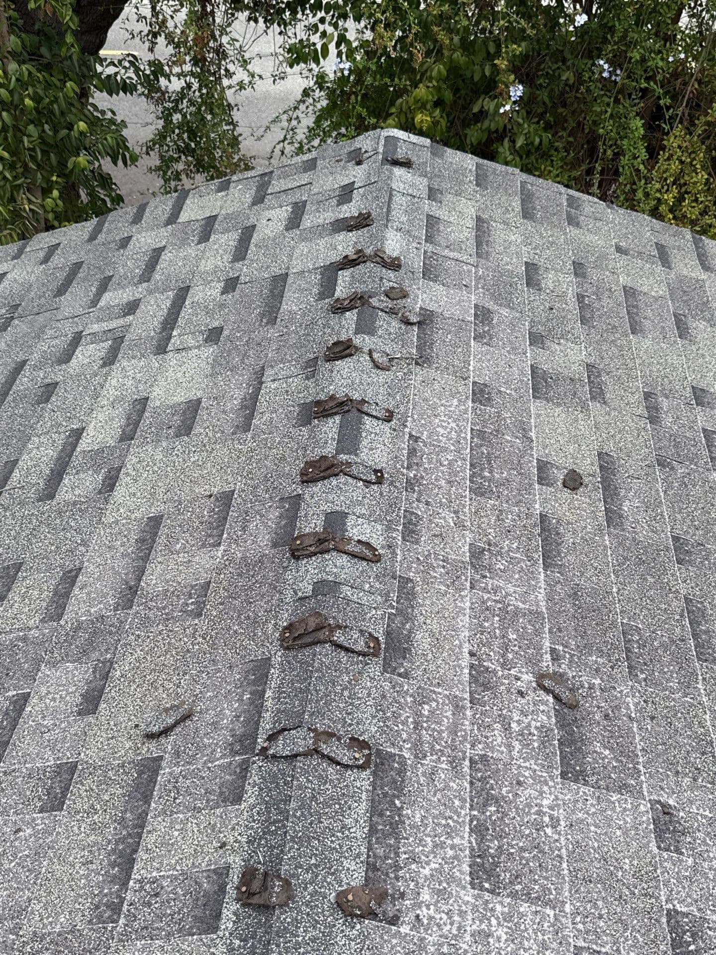 A hip on the same worn roof with a line of dark roof-sealant dabs down the cap shingles from earlier patch repairs