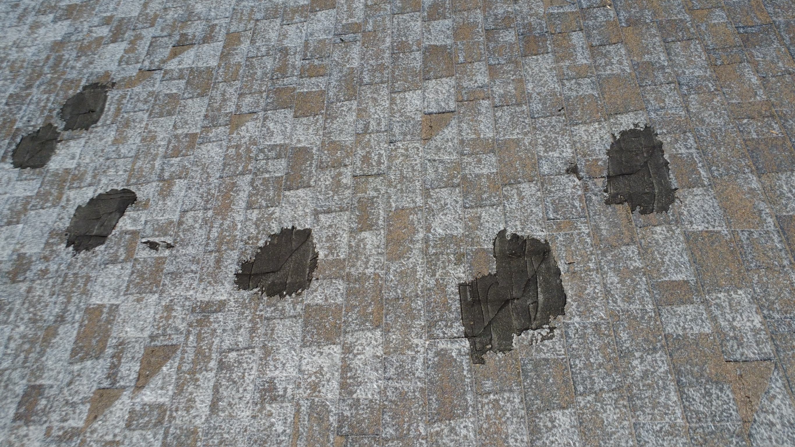 Six separate patches of dark asphalt mastic troweled onto a badly worn composition slope in Simi Valley, each spread across several shingle courses, the field around them mottled pale where the granules have gone.