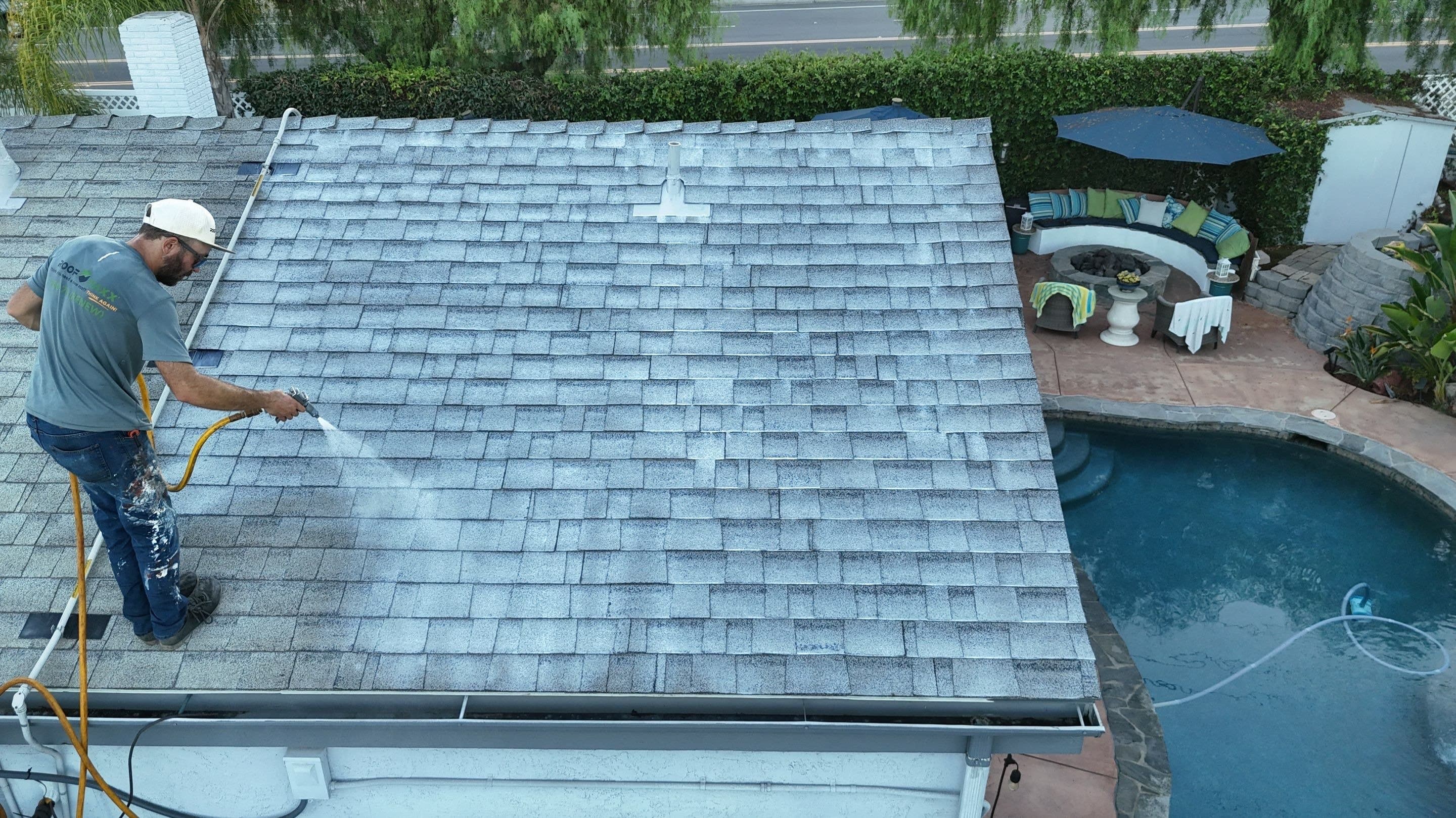 Roof Maxx treatment underway on a Thousand Oaks home